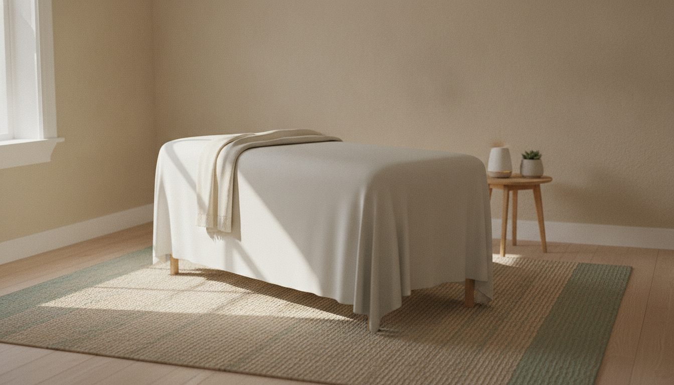 Massagebriks med rent lagen i et enkelt behandlingsrum