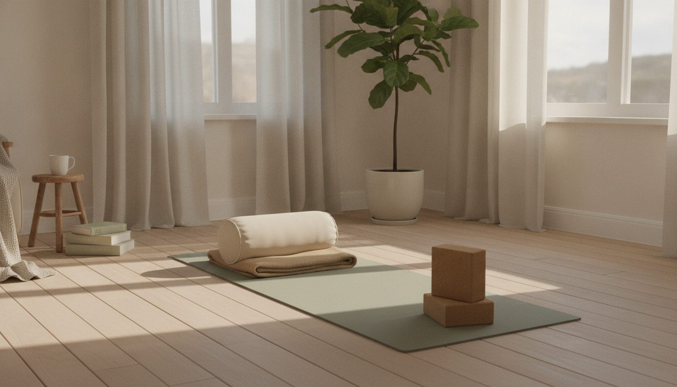 Stuehjørne med udrullet yogamåtte, bolster, tæppe og blokke i morgenlys