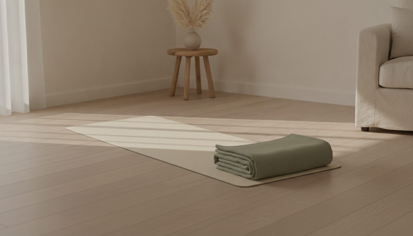 Udrullet yogamåtte med et foldet tæppe i et roligt rum