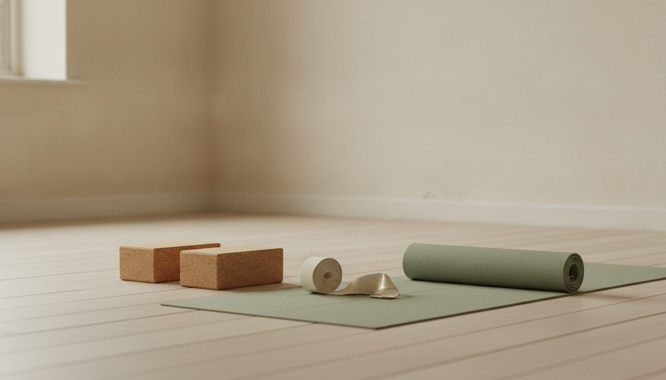 To korkblokke og en yogarem lagt frem ved siden af en måtte
