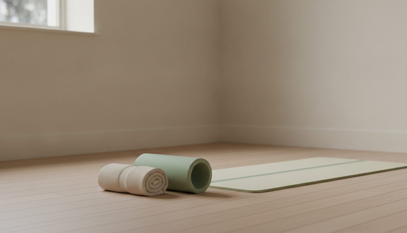 Sammenrullet håndklæde og en foamroller på gulvet ved en måtte