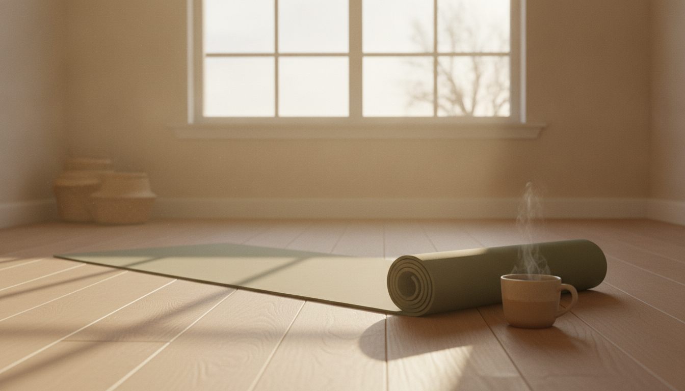Yogamåtte foran et vindue ved solopgang med en kop te ved siden af
