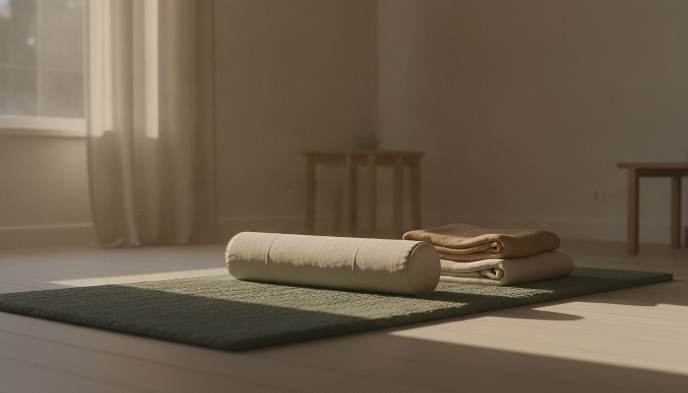 Bolster og foldede tæpper på en yogamåtte i et dæmpet rum