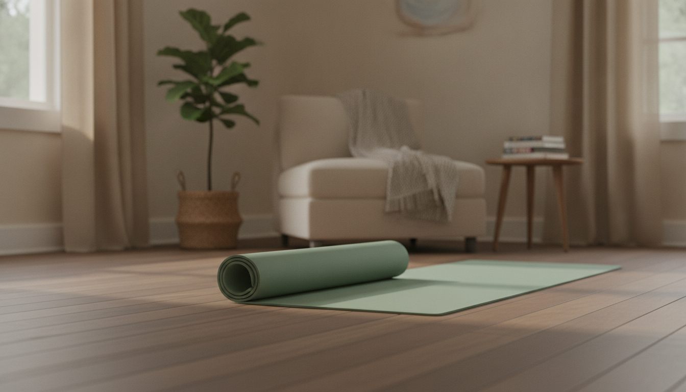 Halvt udrullet yogamåtte på gulvet i en almindelig stue