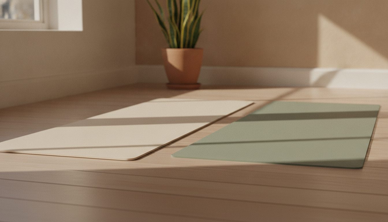 To yogamåtter ved siden af hinanden set fra siden, den ene tydeligt tykkere